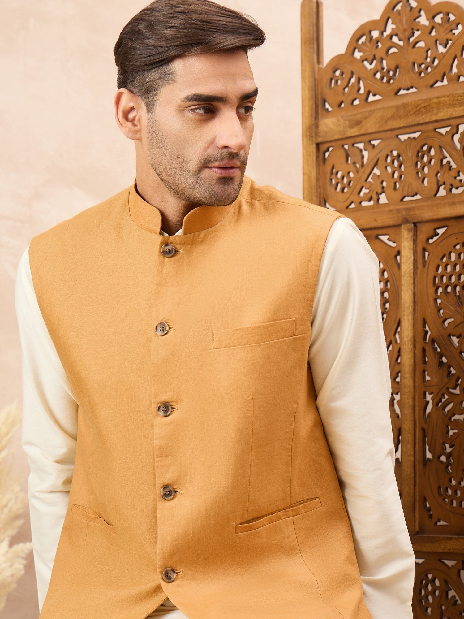 Mustard Kurta Waistcoat Set