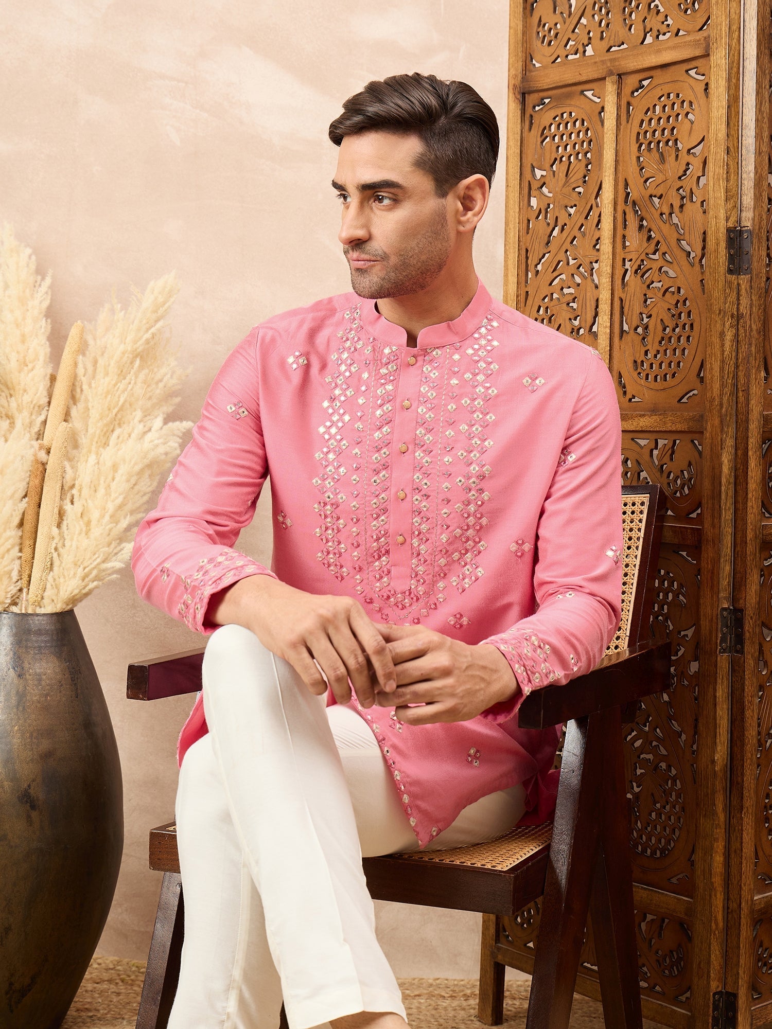 Pink Mirror Embroidered Kurta Pyjama Set