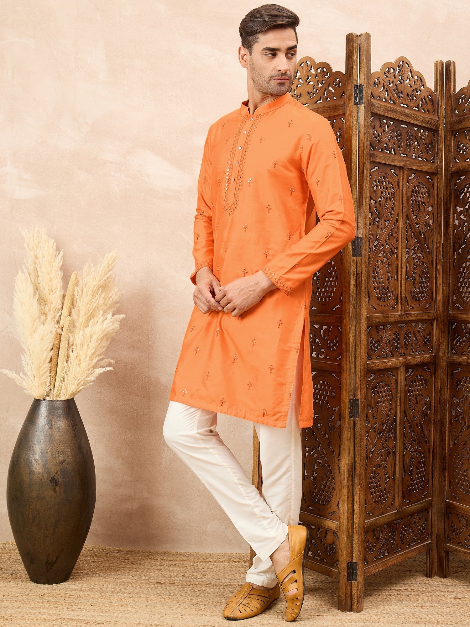 Orange Embroidered Kurta Pyjama Set