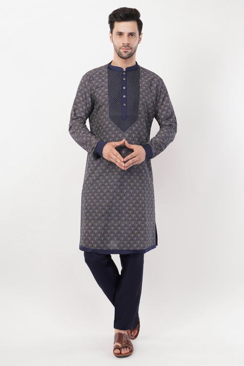 Black Cotton Zari Embroidered Kurta Set
