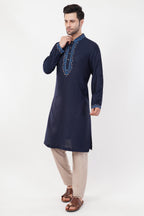 Navy Blue Jacquard Contrast Collar Kurta Set