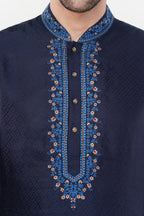 Navy Blue Jacquard Contrast Collar Kurta Set