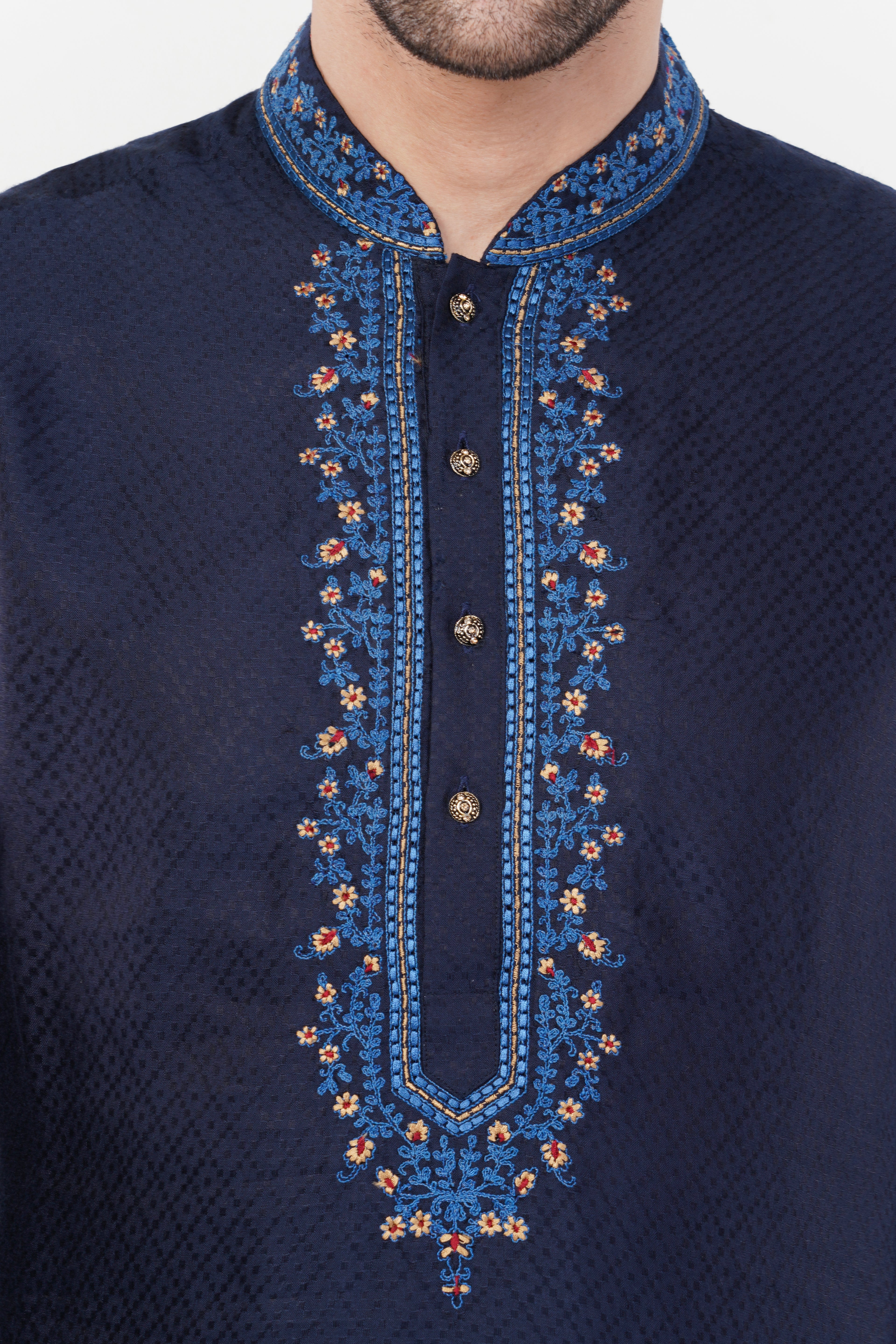 Navy Blue Jacquard Contrast Collar Kurta Set