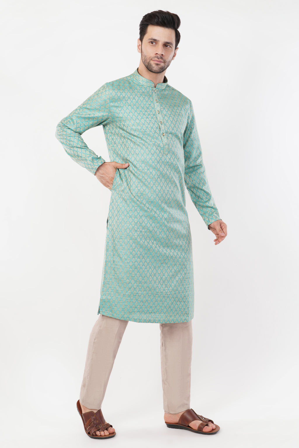 Pastel Green Jacquard resham embroidered Kurta Set
