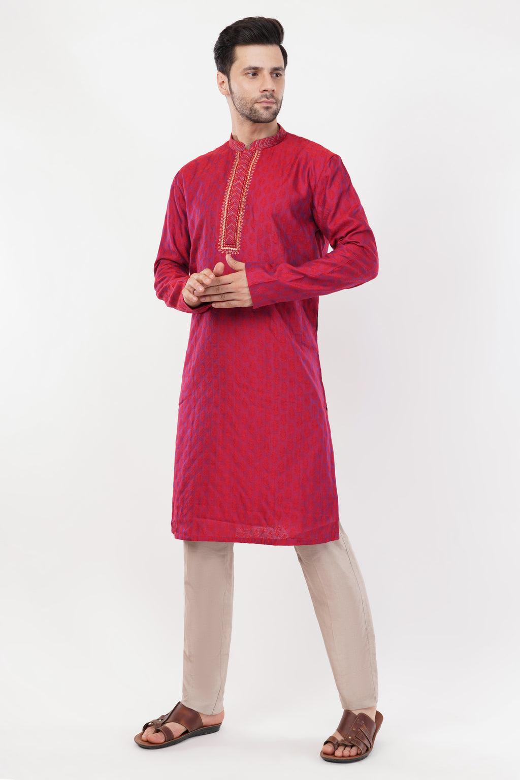 Ruby Red Rayon Embroidered Placket Kurta set