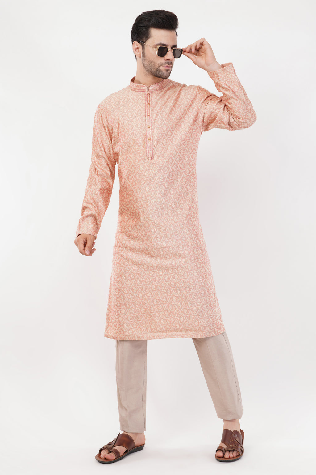Peach Rayon Blend Printed Kurta Set