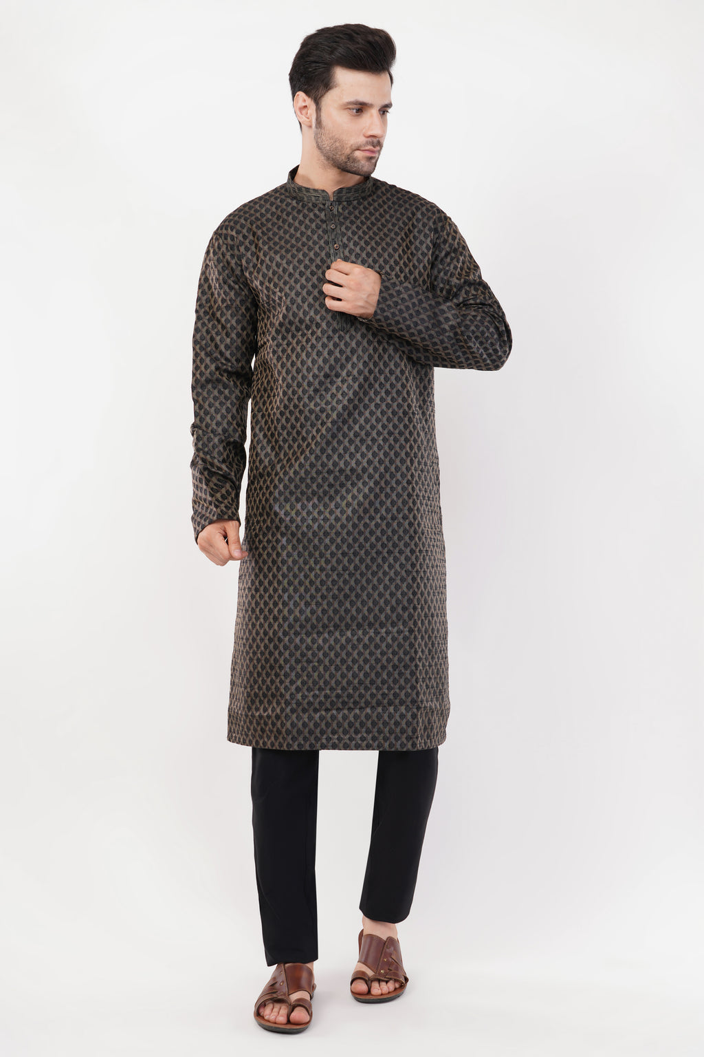 Black Poly Jaquard Subtle Embroidered Kurta Set