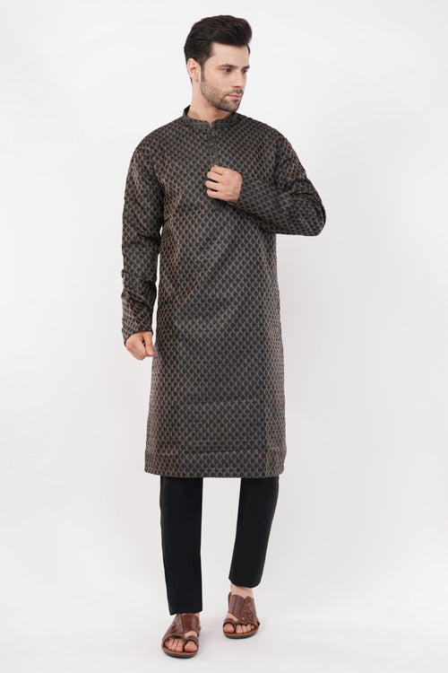 Black Poly Jaquard Subtle Embroidered Kurta Set