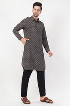 Stylish Black Cotton Printed Pintuck Pathani Set