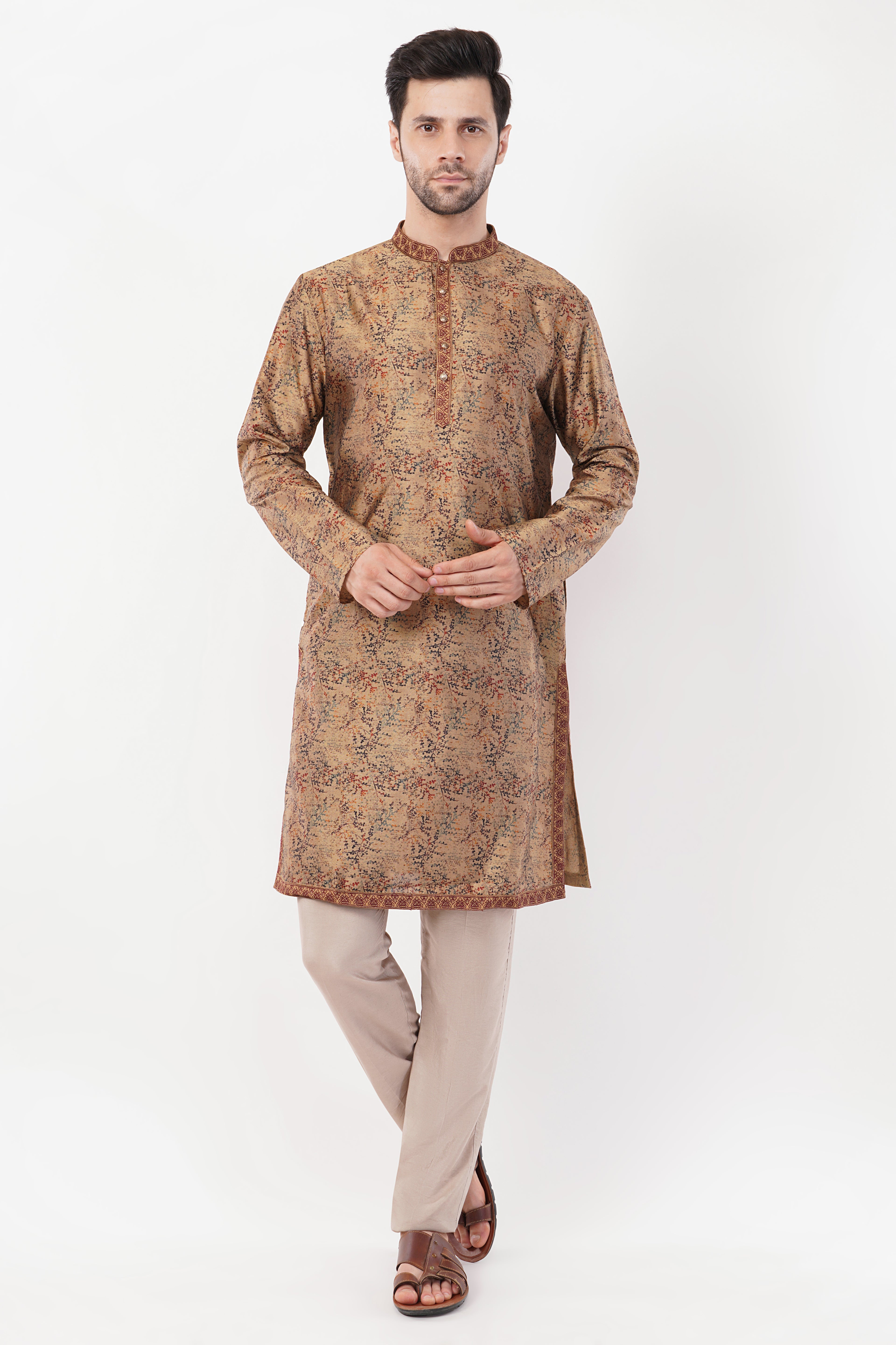 Golden Printed Cotton Elegant Detailing Kurta Set