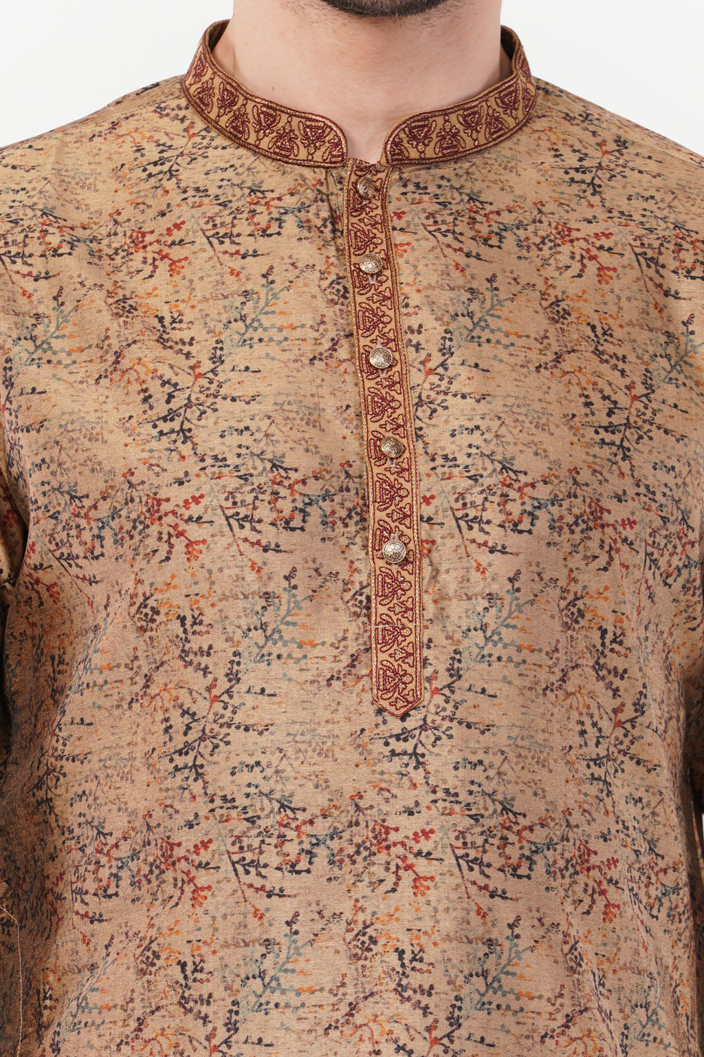 Golden Printed Cotton Elegant Detailing Kurta Set
