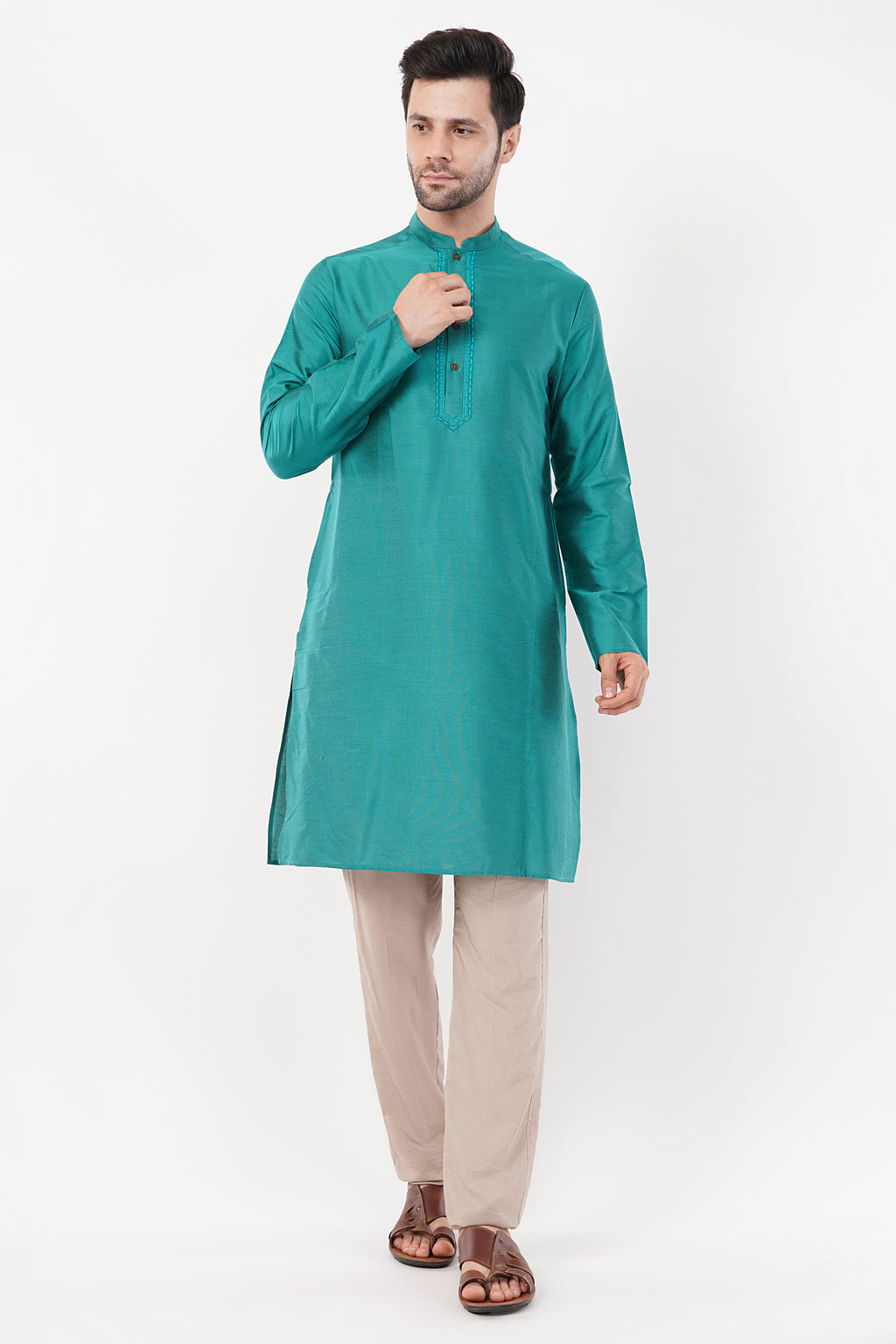 Teal Green Rayon Blend Subtle Embroidered Kurta Set